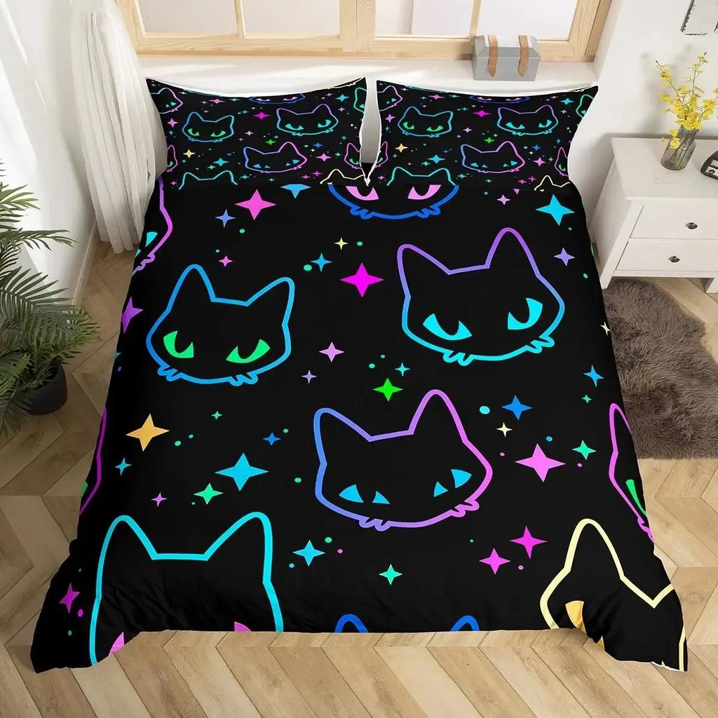 Juego de Funda Nórdica de Gato Colorido Tamaño Queen, Juegos de Ropa de Cama de Gato con Arte Abstracto, Juego de Funda de Edredón de Gato Lindo para Niñas Niños Funda de Colcha