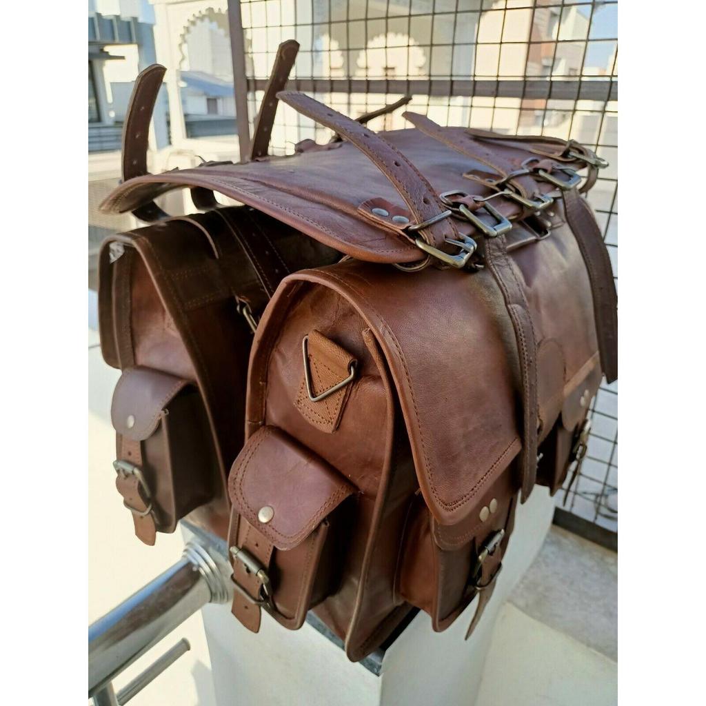 Motorcycle Brown Leather 2 Bags Side Extra Seat Pouch Saddlebags Saddle Panniers