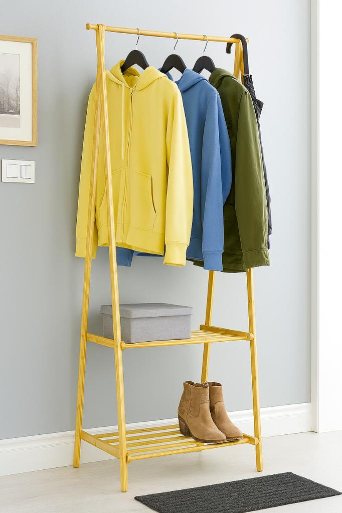 Foldable bamboo hanger with two shoe shelves, shelf, stand, hallway hooks