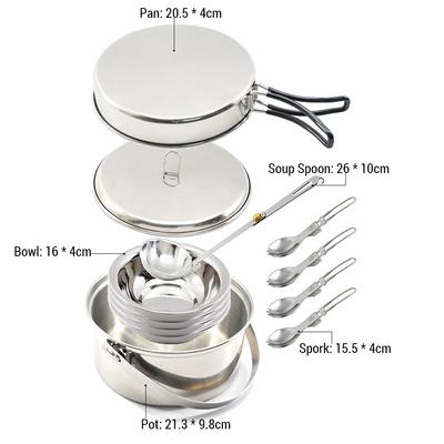 Camping Cookware Mess Kit for 4 Persons Stainless Steel Cooking Set with Pot Pan Soup Spoon Bowls