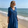 Summer Linen Dress for Women, Casual Beach A-Line Flowy Sundress, Short Sleeve V Neck Hollow Eyelets Long Dress