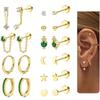 20pcs Stainless Steel Delicate Comfortable Green Gemstone Flat Back Earring Set,Hypoallergenic Small Hoop Earrings Jewelry Gifts