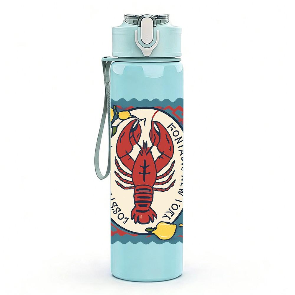 1PC Vintage Lobster Stamp Art 750ml Color Plastic Sports Water Bottle Leakproof Flip Straw Lid Suitable for Sports Office Home Use