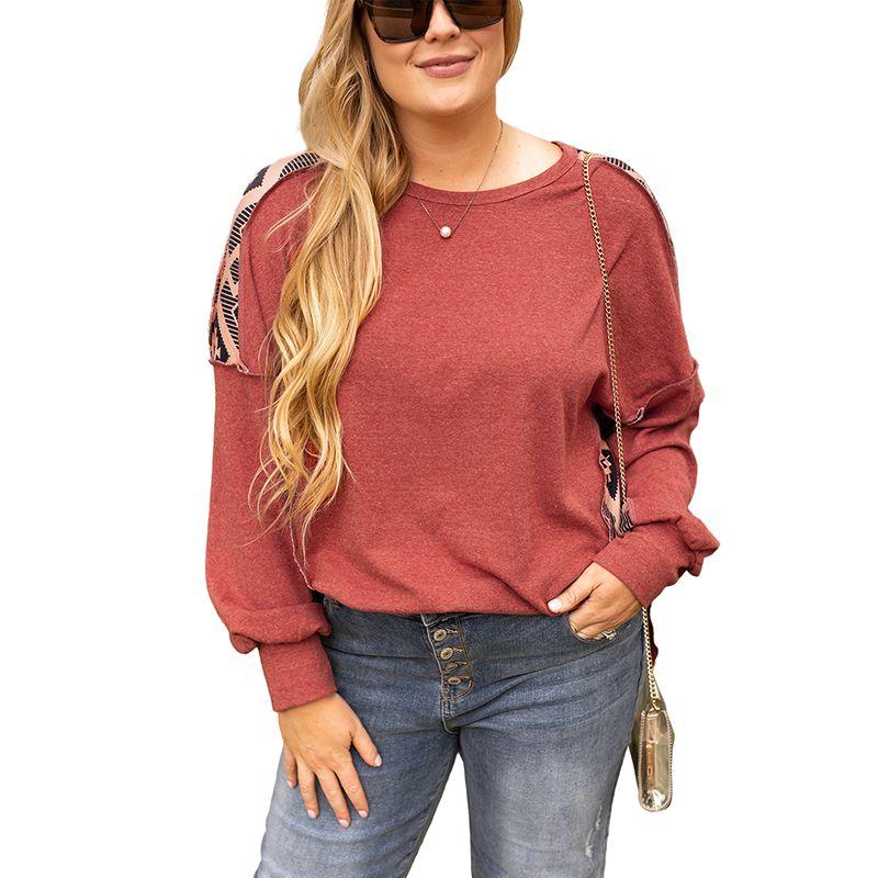 

American Shiying Winter New Arrival Loose-Fitting plus Size Pullover Women 2025 Color Matching Drop Shoulder round Neck Long Sleeves T-shirt Women Brown XL code fits (70.00 kg-75.00 kg