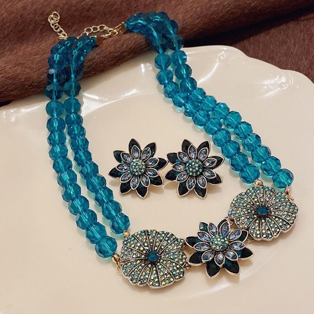 

Роскошное двухслойное ожерелье с подвеской в ​​виде цветка, ожерелье с кристаллами и синими цветами, свитер-цепочка