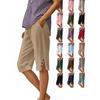 Women's Linen Blend Casual Capri Pants Elastic Waist Cropped Trousers with Side Buttons