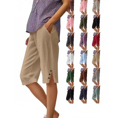 Women's Linen Blend Casual Capri Pants Elastic Waist Cropped Trousers with Side Buttons