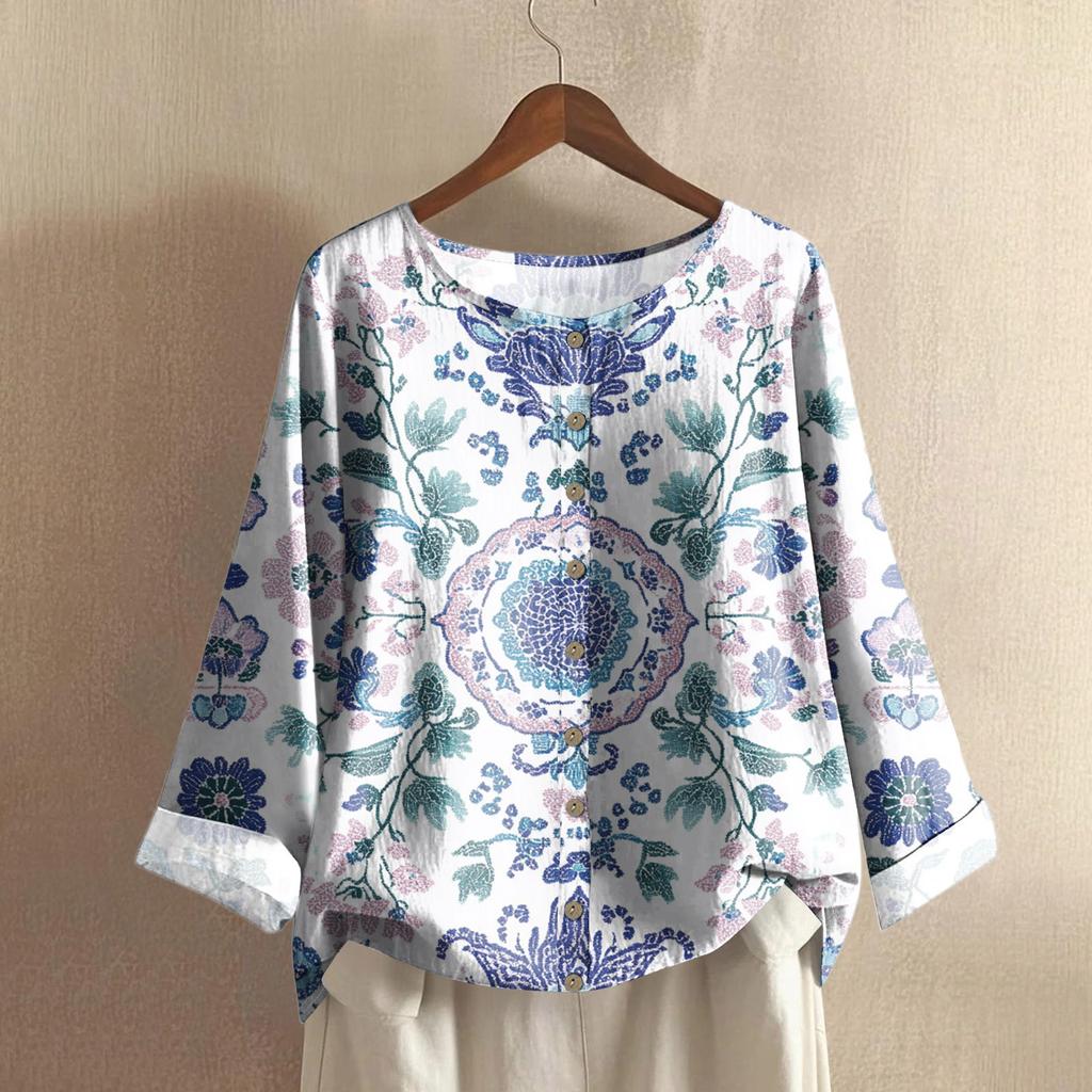 Women's Casual Long-sleeved Round-neck Retro Gradient Printed Cotton And Linen Top