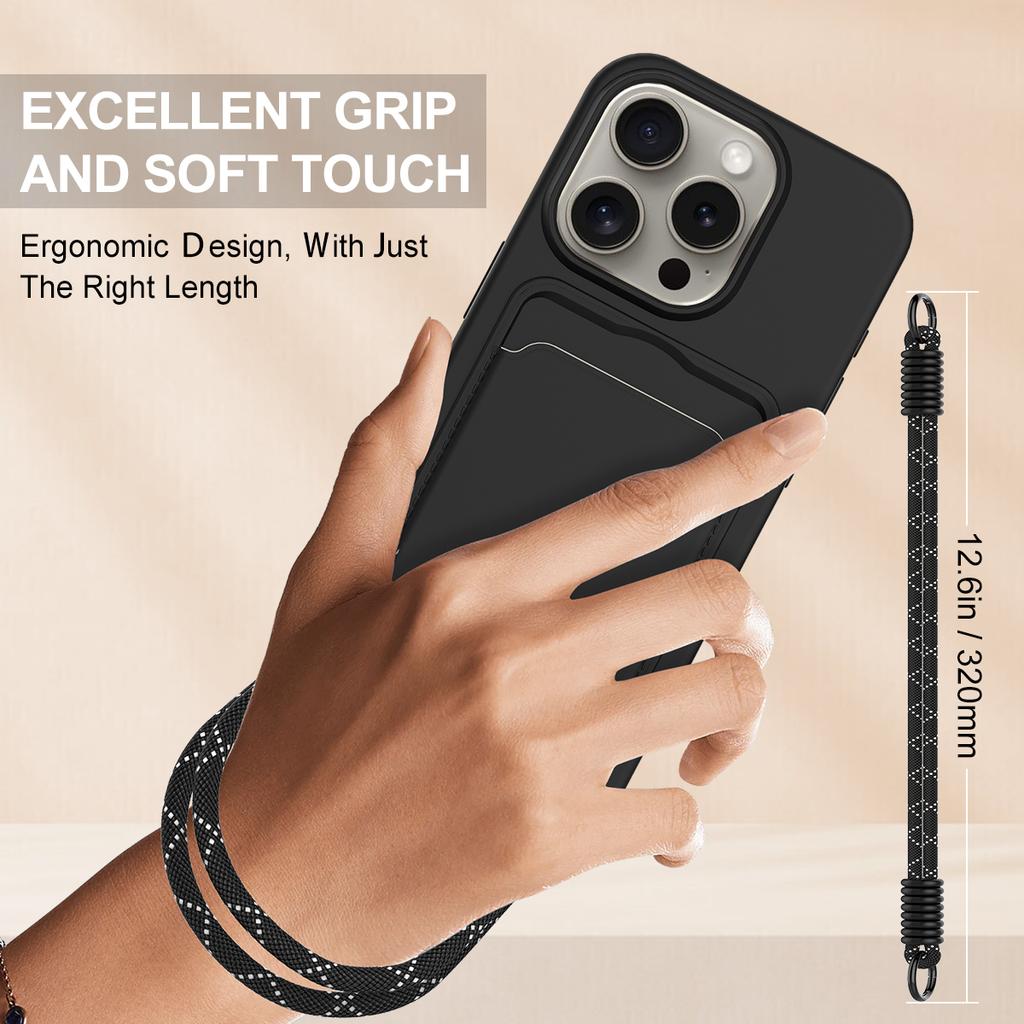 For iPhone 14 Pro Max Liquid Silicone Case Phone Back Cover with Card Holder and Short Strap