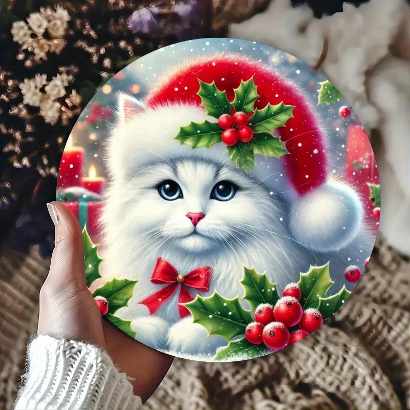 2D Flat Vintage Round Acrylic Christmas Decoration Sign, Santa Hat Cat & Holly, Home Decor Plaque Hanging Wall Art Decorative Garden Decoration for Ro