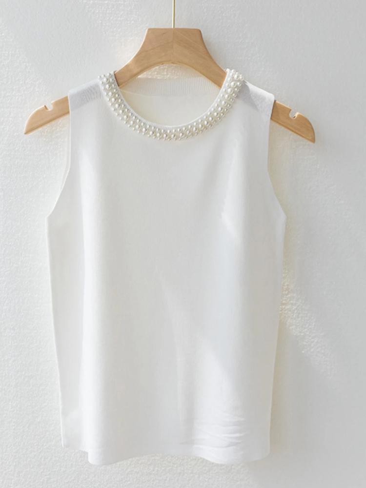 Korea Knitted Vests Women Top Solid Tank Blusas Mujer De Moda Summer New Fashion Female Sleeveless Beading Casual Thin Tops