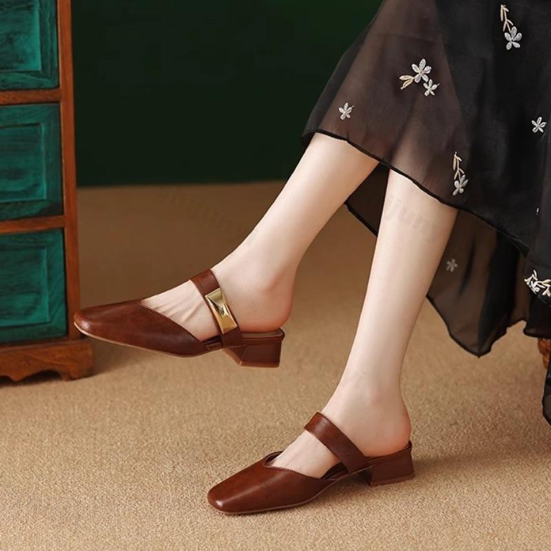 Fashion 2025 Square Head Half Slippers for Women Summer Outdoor Beach Elegant Fashion One Strap Designed Temperament Comfortable Sandals