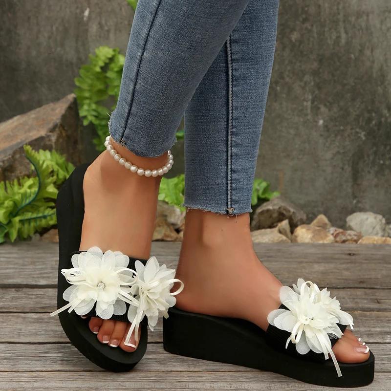 

Fashion Fashion Flower Wedges High Heel Home Slippers Women Summer Thick Sole Pull On Shoes Ladies Beach Casual Flat Slippers Mujer 37 бежевый