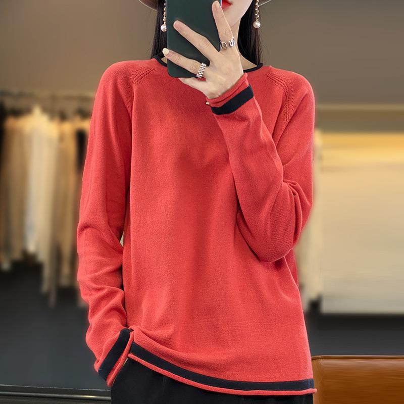 Knitwear Women's Round Neck Sweater Spring Loose Color Matching Cotton and Linen Bottoming Shirt