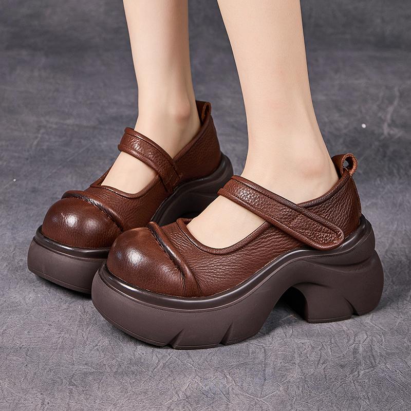 Fashion GKTINOO Retro Thick Soled Pumps Genuine Leather Wedges Shoes 2025 New Round Toe Versatile Women's Platform Shoes
