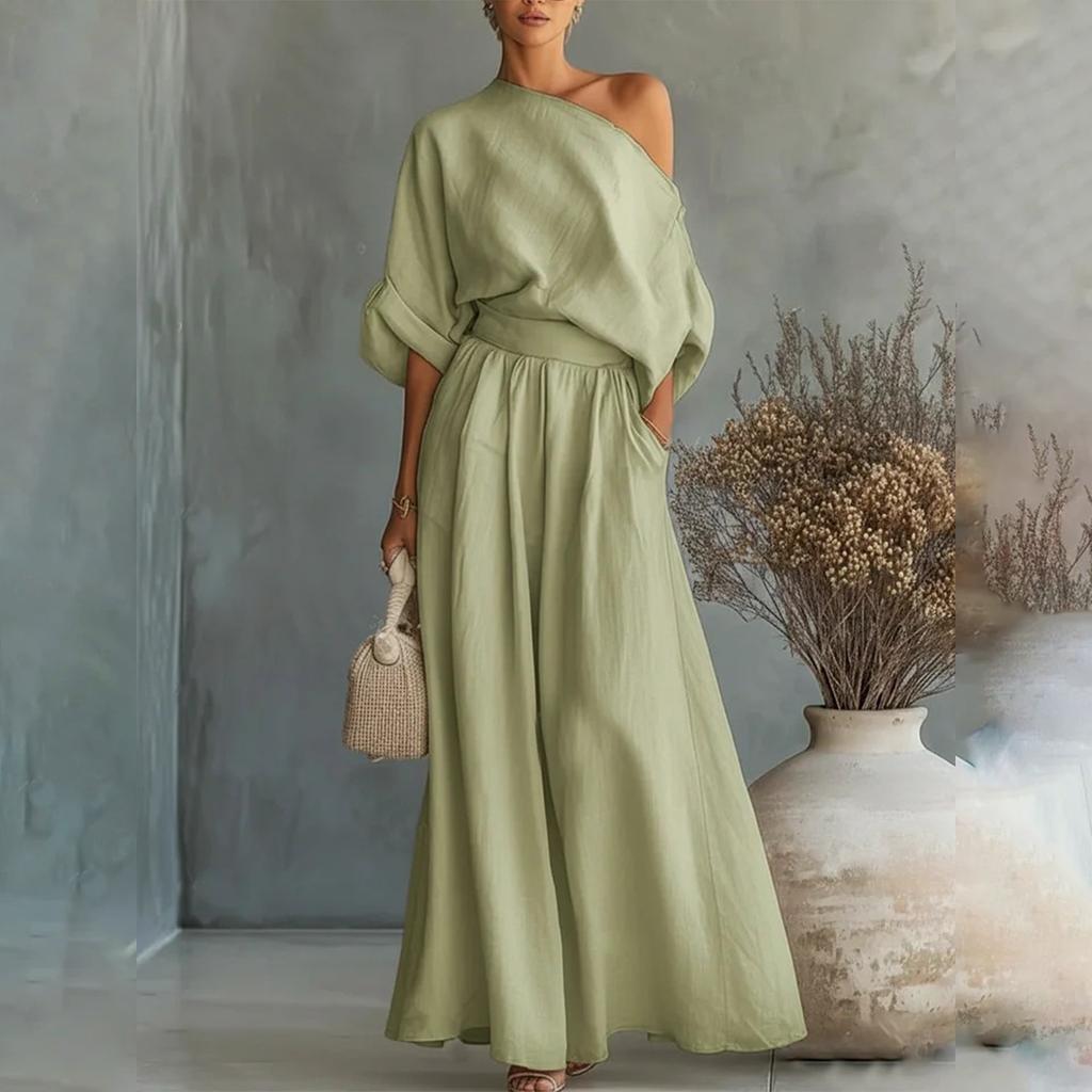 Conjunto de Dos Piezas Elegante para Mujer: Top de Hombros Descubiertos con Cinturón y Pantalones