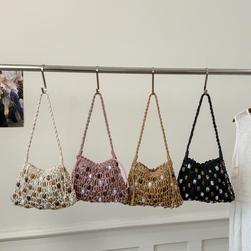 2026 New Summer Boho Handmade Macrame Woven Bag for Women Hollow Out Colorful Beaded Shoulder Bag for Beach Vacation Daily Use