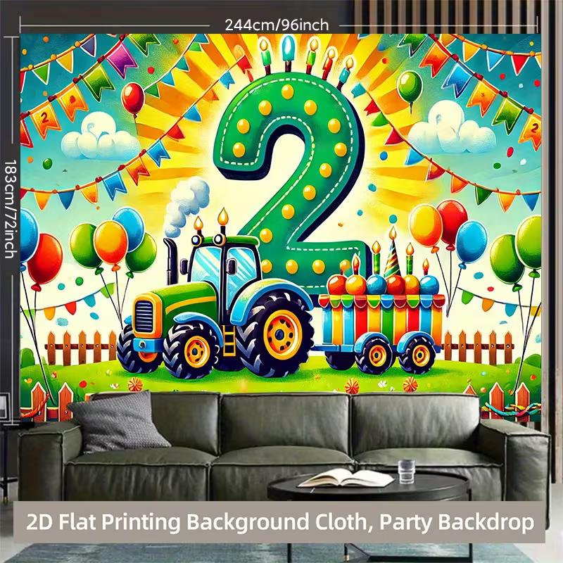 2D Tractor 2nd Birthday Backdrop for Boy Farm Themed Birthday Party