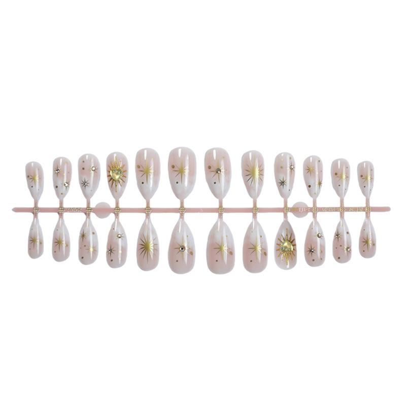 24pcs French Almond False Nail Glossy Star Moon Sun Design Gold Acrylic Full Cover Stick On Nail for Ladies and Girls