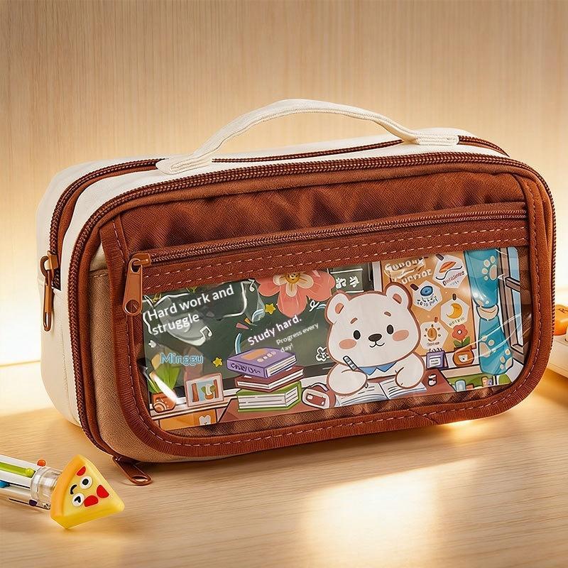 Large Capacity Transparent Pencil Case Cute Cartoon Bear Holds 40 Pens For Students School Use