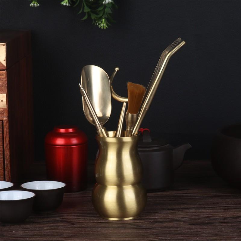 Brass Tea Ceremony Set With Tongs Pick Scoop Brush Holder - 6-Piece Gourmet Tools In Gift Box