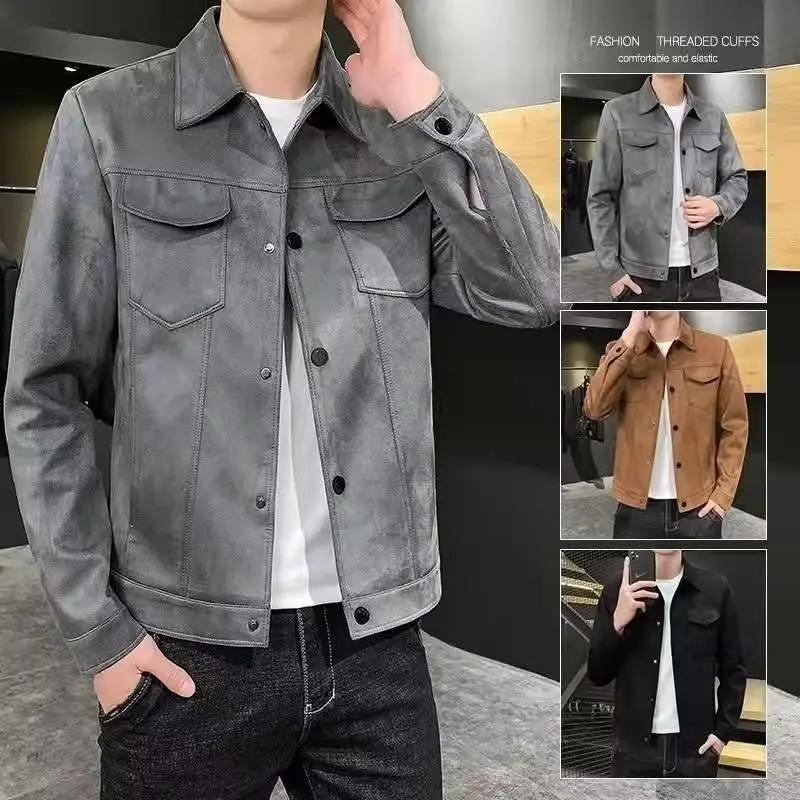 New Trendy Men's Jacket For Spring/autumn Solid Color Top Casual Stylish Lapel Jacket Deer Skin Fleece