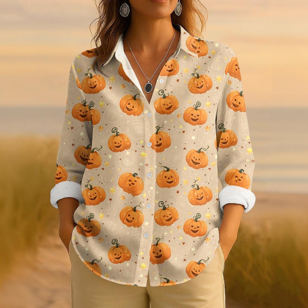 Dame Retro Halloween Trykket Knappelukking Langermet Casual Vanlig Skjortekrage Topp