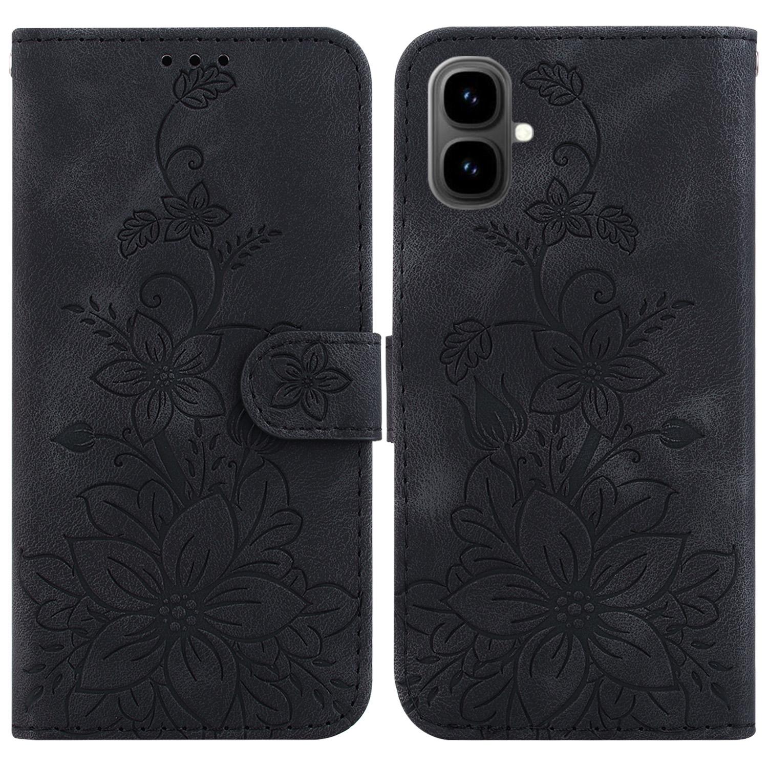 

For Infinix Smart 10 Stand Case Lily Flower Imprint Leather Phone Cover with Wrist Strap Black