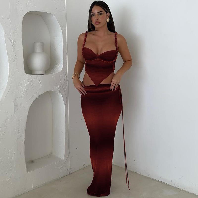 

Весна Новый Стиль Индивидуальность Контрастный Цвет Майка Сексуальный Облегающий Кружевной Юбочный Костюм для Женщин M красный