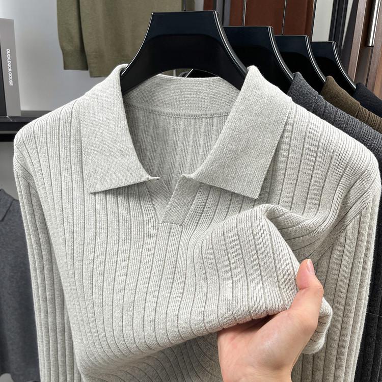 Męski sweter dzianinowy z długim rękawem, gładki, 2025: Wysokiej klasy koszulka polo business casual na wiosnę i jesień