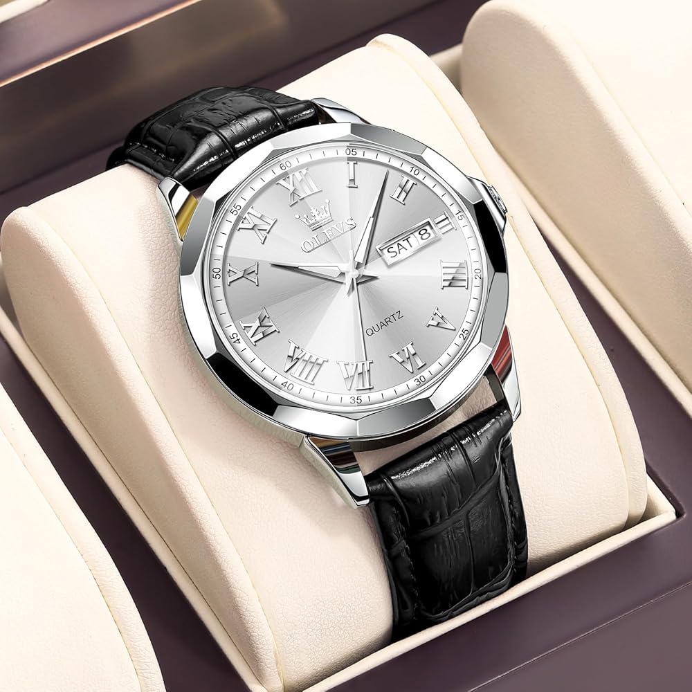 OLEVS Men's Analog Quartz Watch Black Waterproof Leather Strap Simple Design Silver Dial Date Display