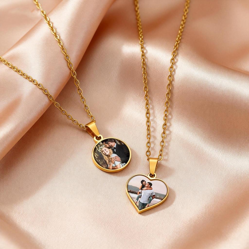 Customize Heat Transfer Photo Pictures Necklaces Stainless Steel Heart Round Pendant Personalized Jewelry Keepsake Gifts