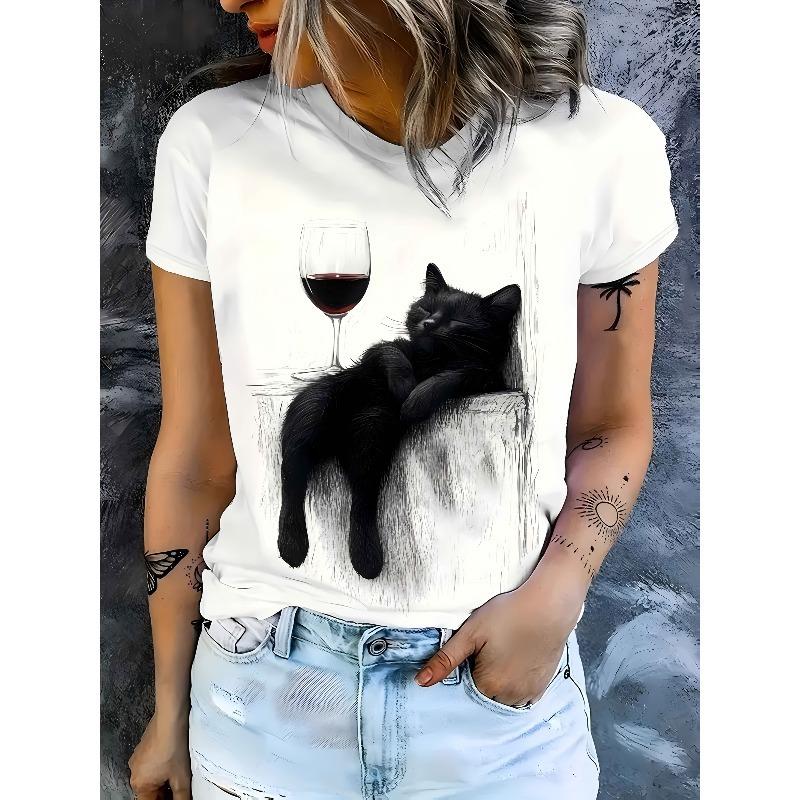 

European size Sketch Art Cat Wine Red Wine Glass, Artistic Minimalist Daily Commute Women s T-Shirt, Round Neck Short Sleeve Tee 4XL