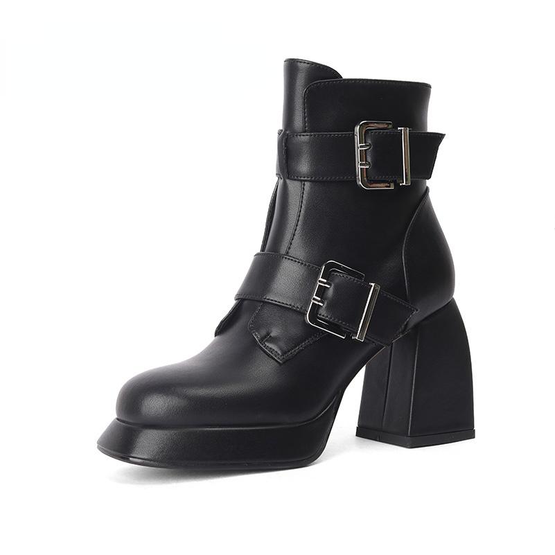 

Женские ботильоны из натуральной кожи с круглым носком на платформе, короткие ботинки на толстом высоком каблуке с застежкой-молнией и пряжкой, женская модная обувь Winter40 34 чёрный
