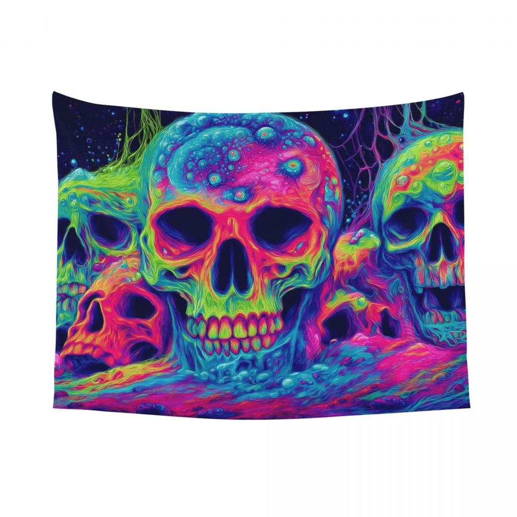 Psychedelic Skull Halloween Tapestry Wall Hanging Printed Polyester Tapestry Ins Throw Rug Blanket Wall Decor Tapiz