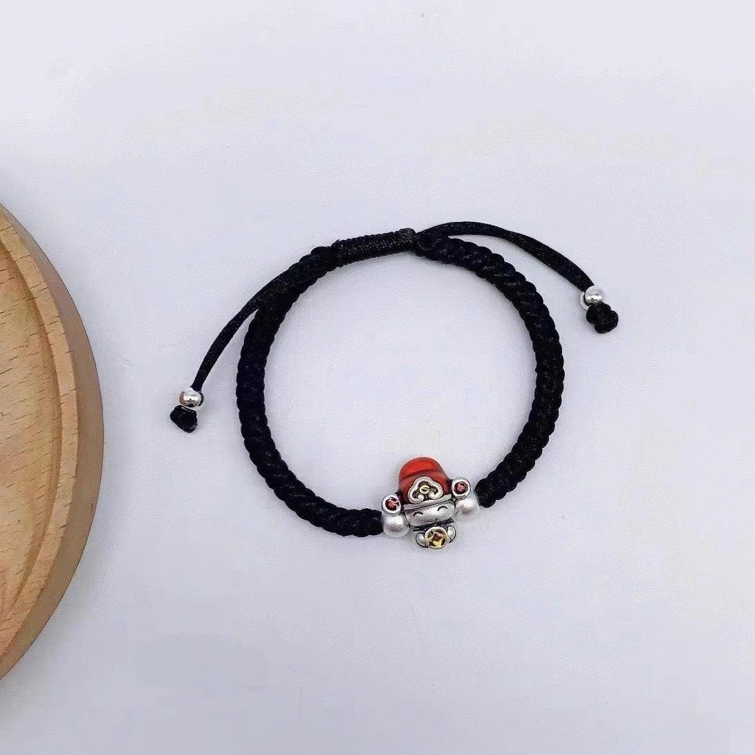 999 Sterling Silver God of Wealth Bracelet: Pure Silver Red Rope for Luck and Prosperity, Unisex Birth Year Charm, Couples Gift.