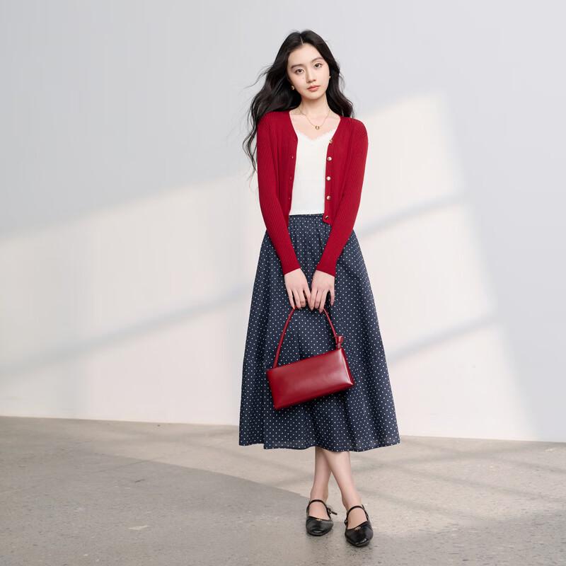 Sancai 2026 Spring High-Waist A-Line Midi Skirt