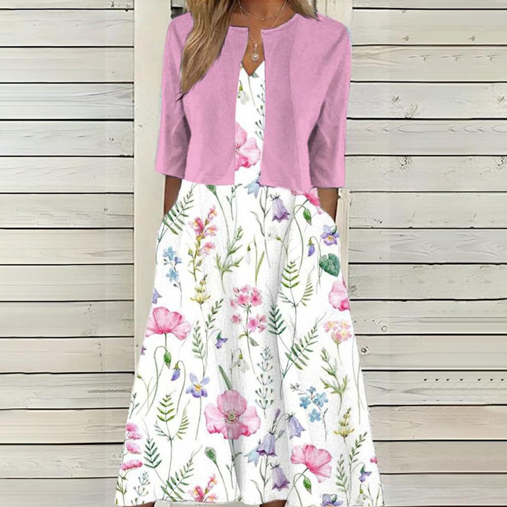 High Quality Women Summer Floral Print Two Piece Dress Set Short Sleeve Outfits