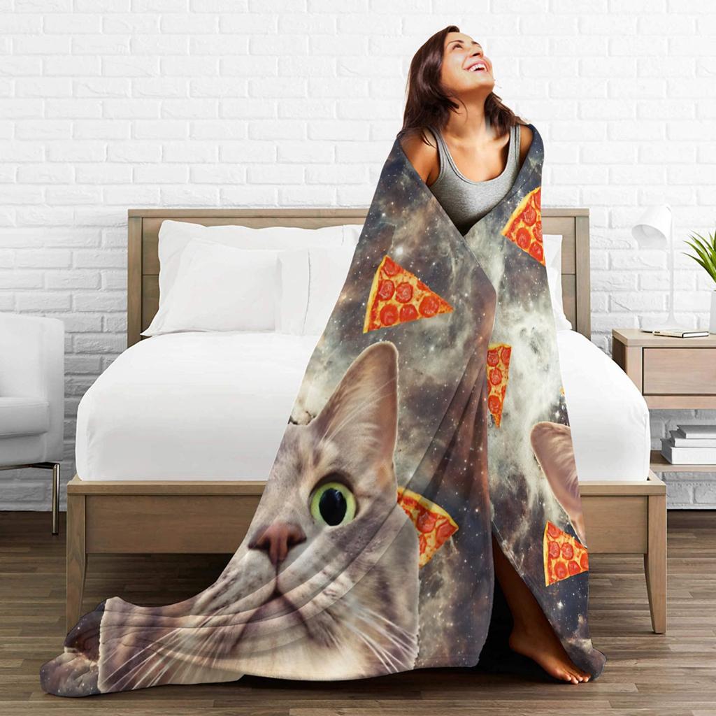 Weltraumfliegende Pizza-Katze Kunst Collage Woll-Decken Surrealismus Kunst Lustige Überwurfdecke für Steppdecke 200x150cm Warm