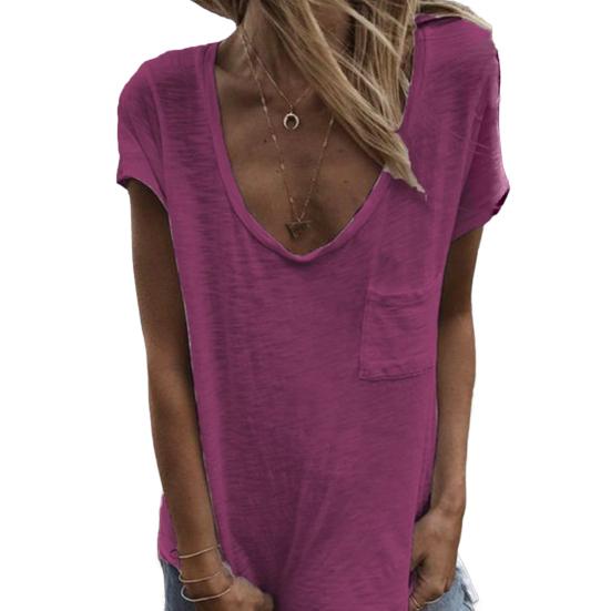 Women T-shirt Round Neck Short Sleeve Patch Pocket Tee Shirt Solid Color Loose Fit Thin Pullover Tops Daily Wear