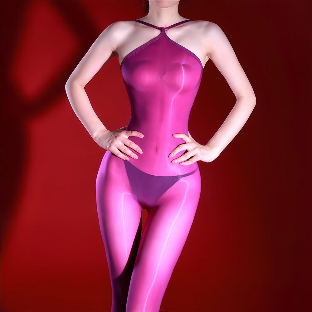 Women 640 Pin High Density Bodysuit Oil Shiny Elastic Tights Open Crotch Yoga Shaping Jumpsuit High Collar Maid Leotard Leggings