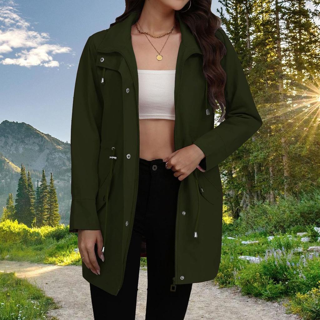 Women Solid Stripe Rain Jacket Outdoor Plus Waterproof Hooded Raincoat Windproof