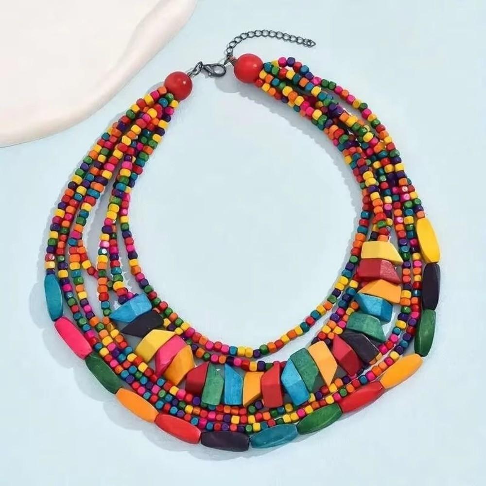 Multi-Layer Wooden Beaded Necklace Colorful Irregular Choker Necklace for Casual Wear