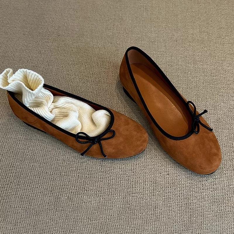 

Leather retro bow shallow mouth round head ballet flats women s 2025 new spring versatile ladyshoes single shoes 40 коричневый