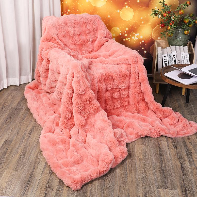 Tuscany Faux Rabbit Fur Bubble Fleece Blanket - Cozy Winter & Summer Sofa Throw