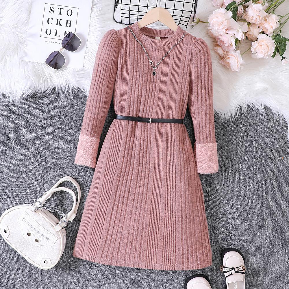 

Детская одежда Новое осенне-зимнее лоскутное плюшевое платье для девочек с поясом 150cm розовый