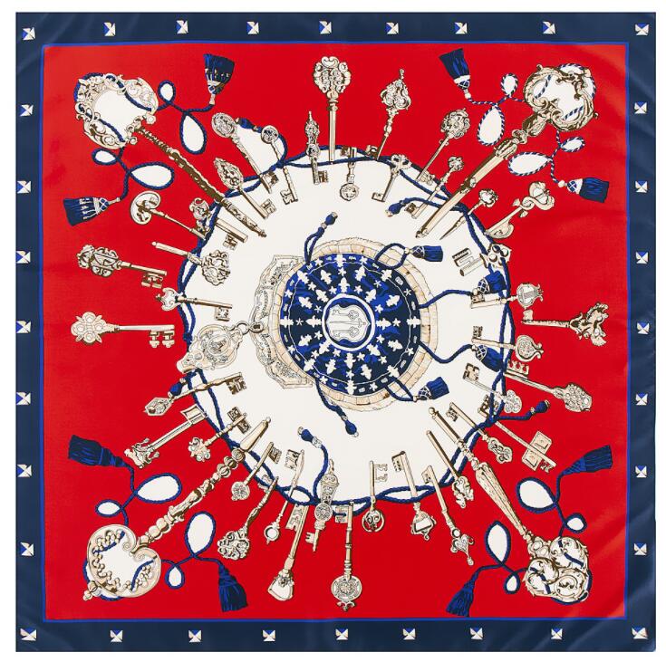 

New 100cm Silk Square Scarf Women Euro Brand Key And Chain Classical Design High Quality Shawls Bandana Lady Foular 100x100cm