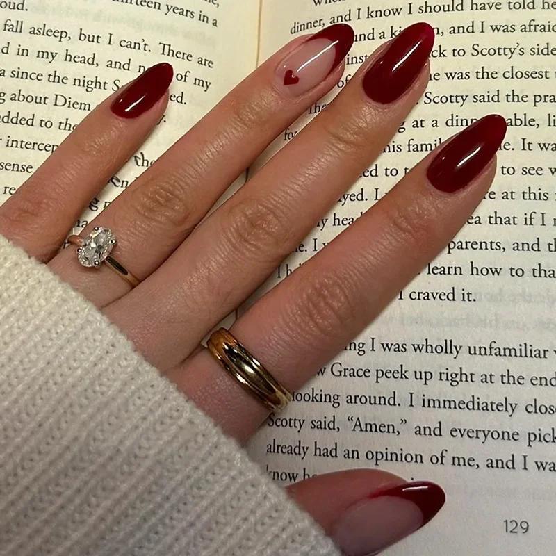24Pcs Red Almond False Nails Pure Grey French Tips With Glue Glitter Detachable Press On Nails Art