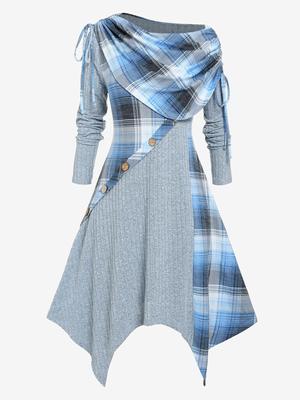 Vestido Midi de Punto a Cuadros con Cuello Asimétrico y Dobladillo Pañuelo Fruncido de Talla Grande Rosegal