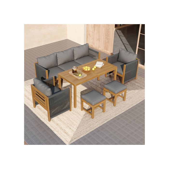 Ensemble table de jardin, canapé 3 places, 2 canapés individuels, 2 tabourets, plateau en bois d'acacia, gris